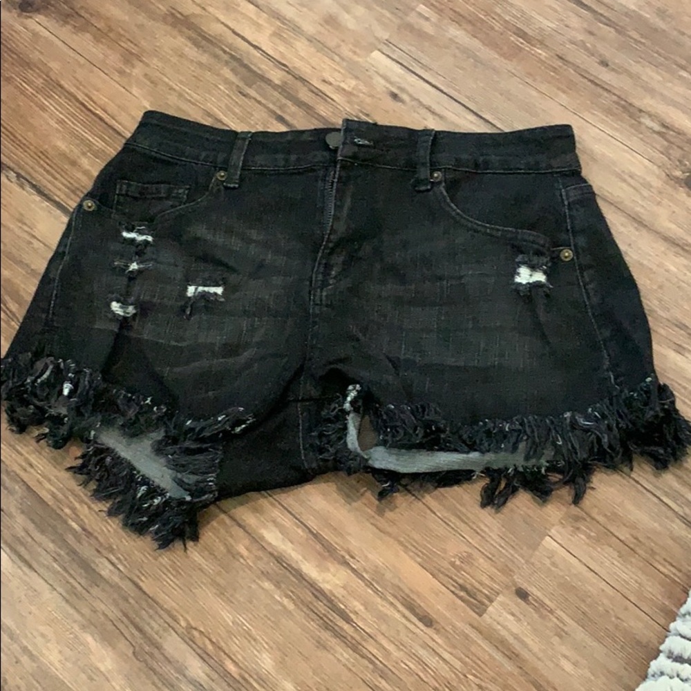 Black ripped denim shorts
